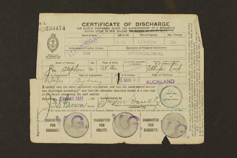 Certificate of Discharge: George Stephens, MAHENO, 6 Oct 1920-11 Mar 1921