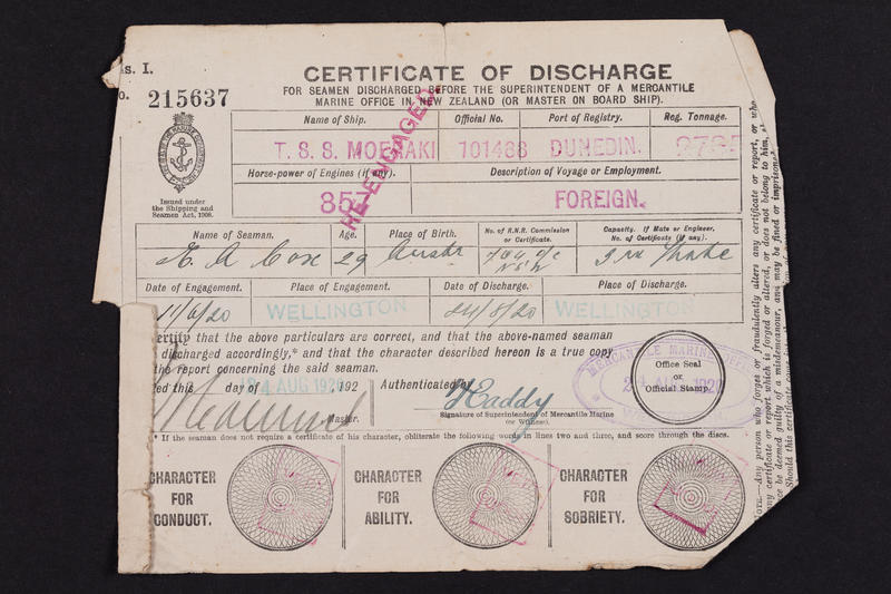 Certificate of Discharge: MOERAKI for Eric Aden Cox, 24 Aug 1920