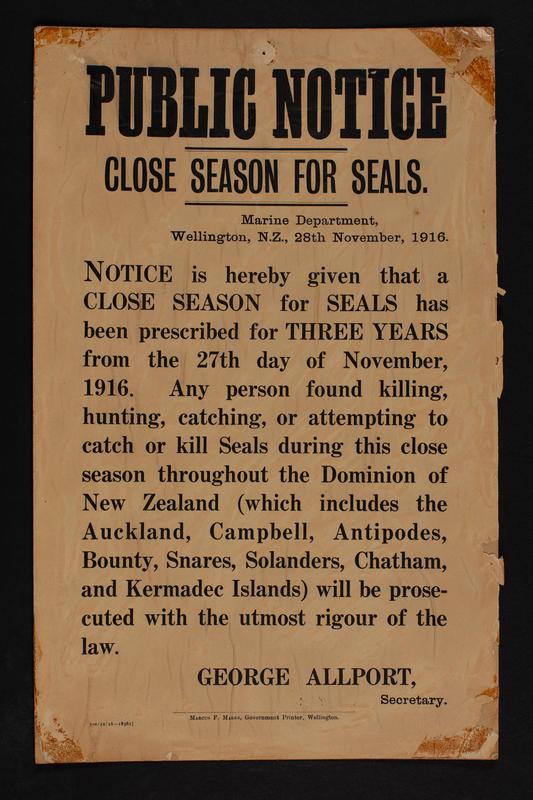 Public Notice: Close Season For Seals, Marine Department, 28 Nov 1916