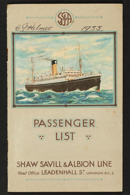 Ephemera Shaw Savill & Albion Line passenger list RMS TAINUI (1908