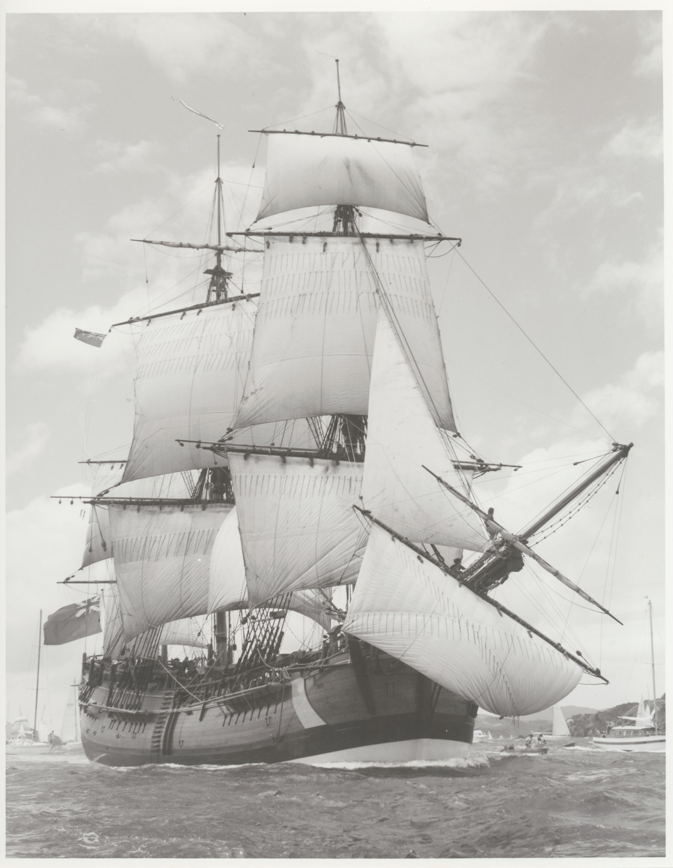 Photograph HM Bark ENDEAVOUR (1993), replica, with sails hoisted New