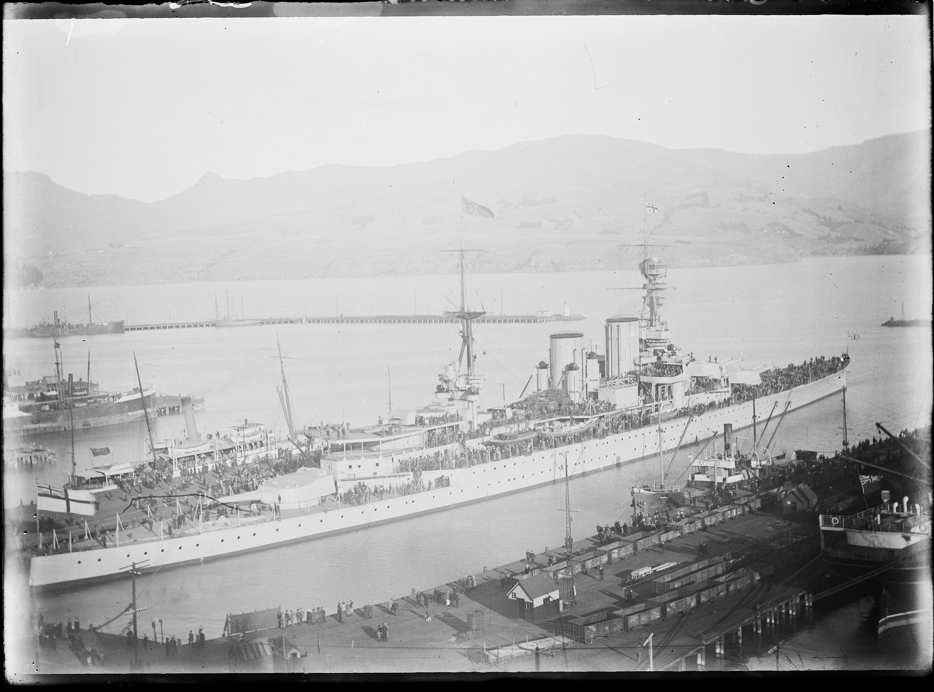 Glass plate Elevated view of HMS RENOWN (1916) with civilians onboard