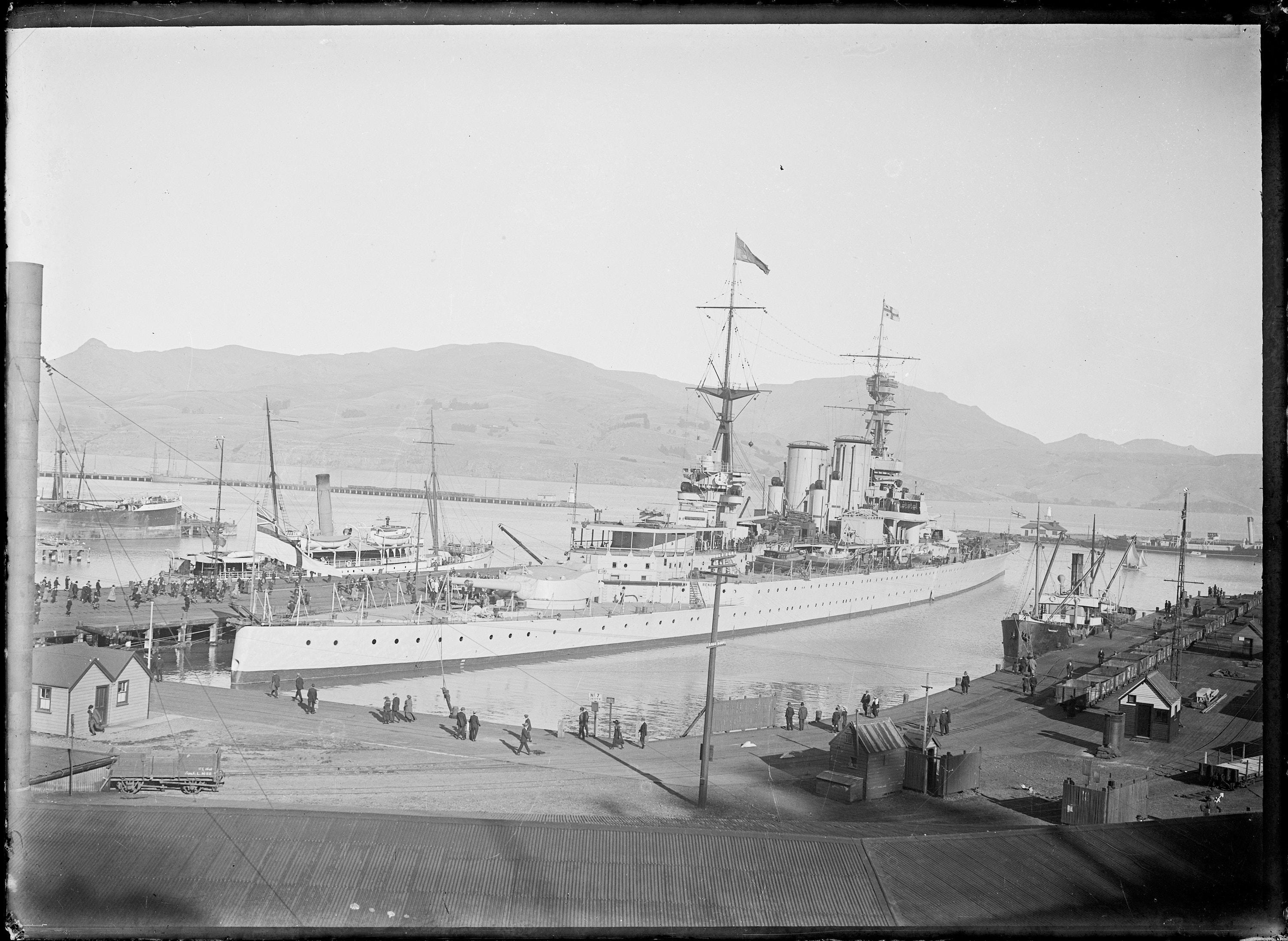 Glass plate HMS RENOWN (1916) berthed at Lyttelton wharf New Zealand