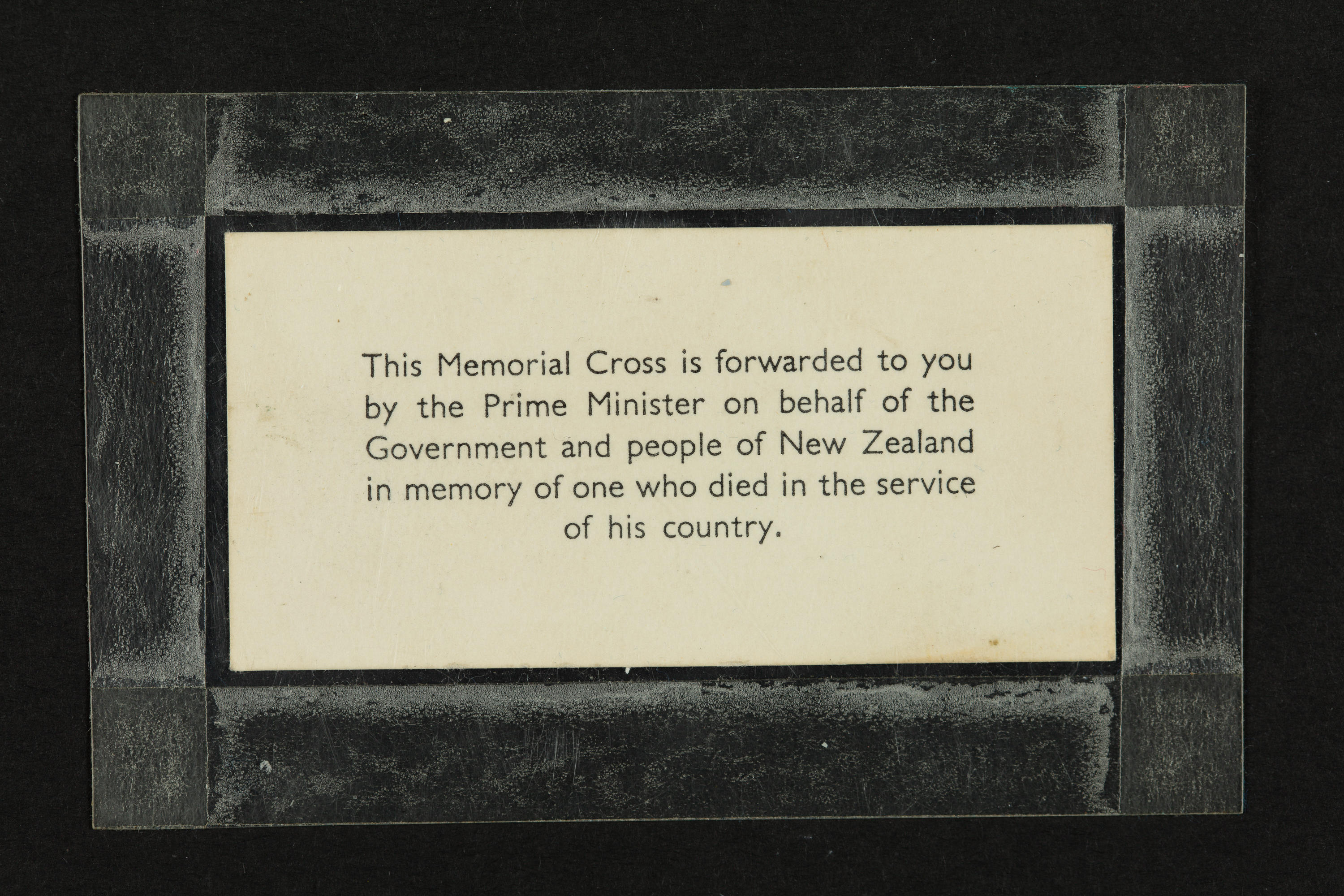 Card sent to the recipient of a New Zealand Memorial Cross New