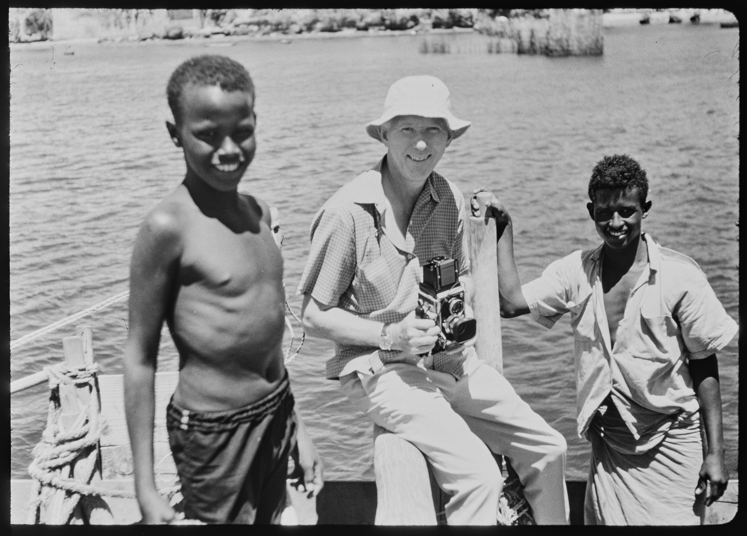 Negative: John Jewell and two crew members from a dhow, Mombasa, 1972 ...